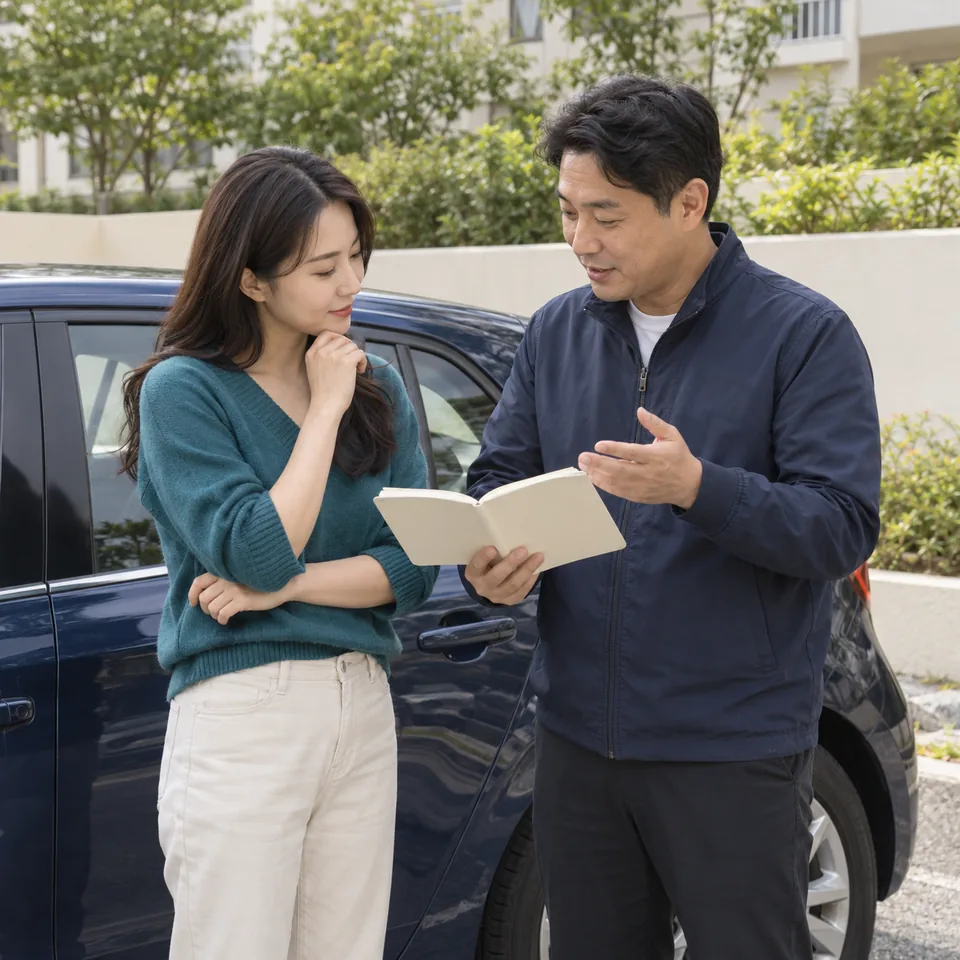 차 옆에서 첫 수업 목표·동선 상의 · 방문도로연수 안내용 AI 예시
